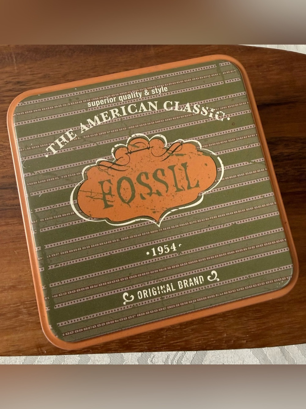 Fossil Orange Tin Box with Multicolor Logo VTG Storage